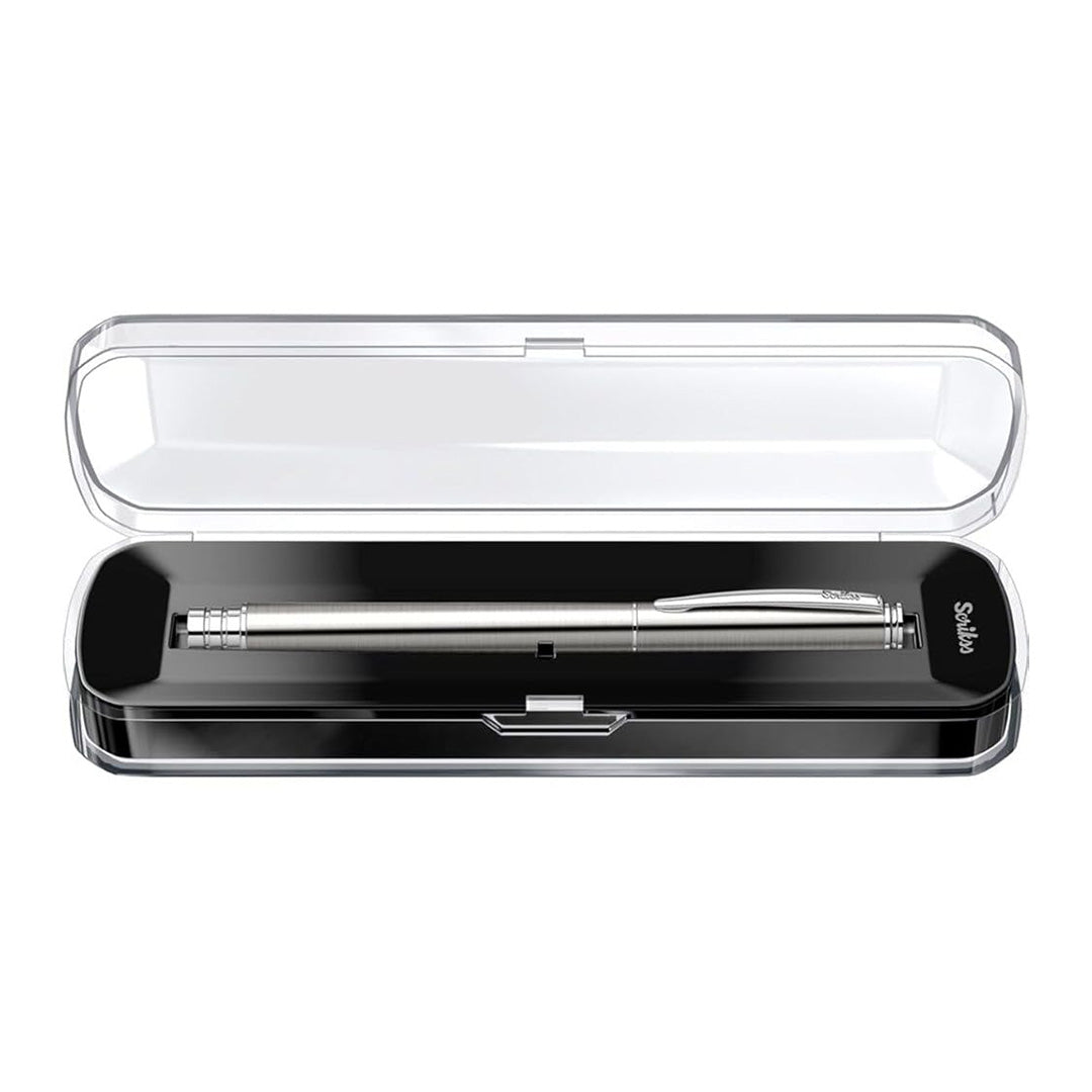 Scrikss 64 Series Rollerball Pen in Chrome in a clear and black case on a white background