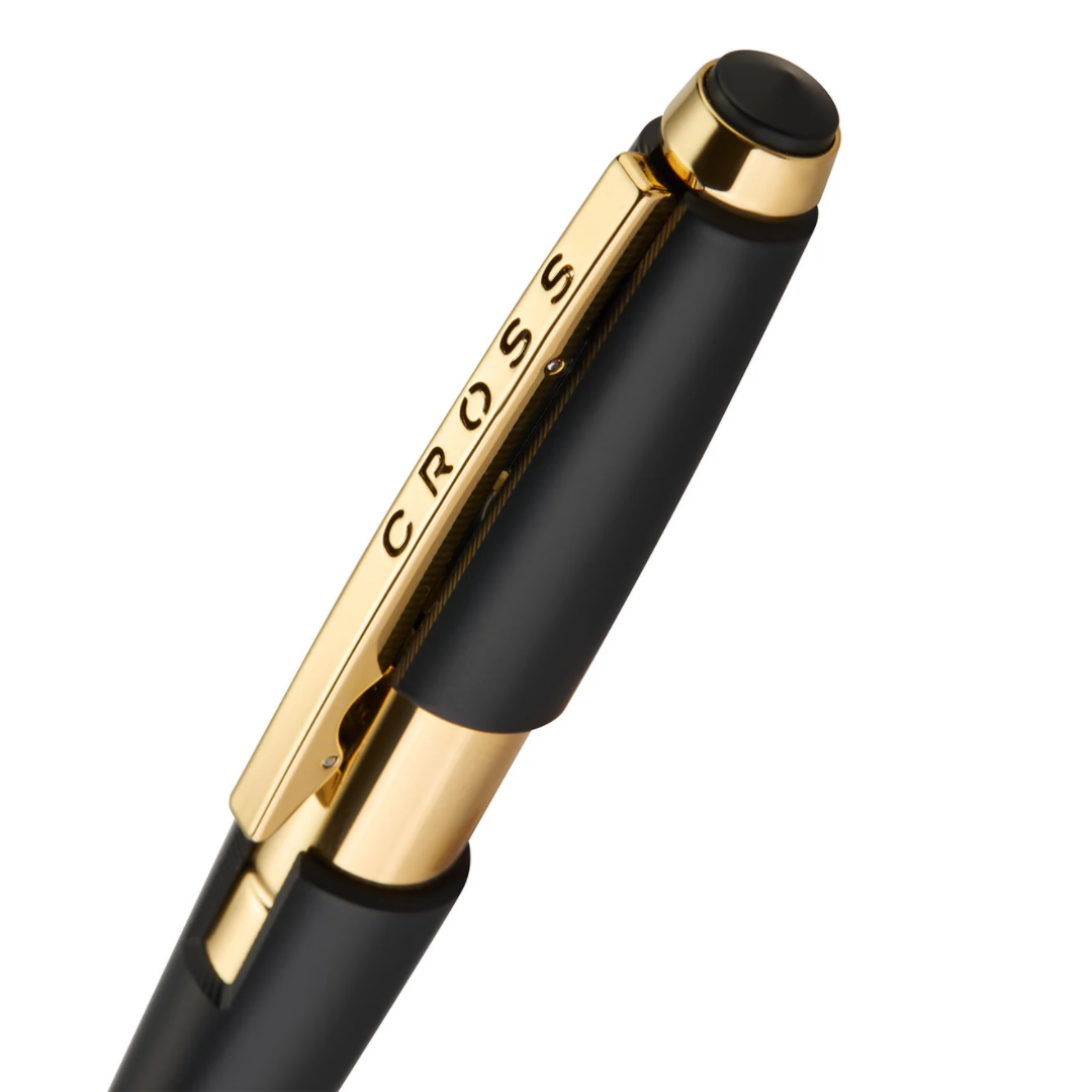 Cross Edge Black Gold Roller Pen (23kt Gold Plated)