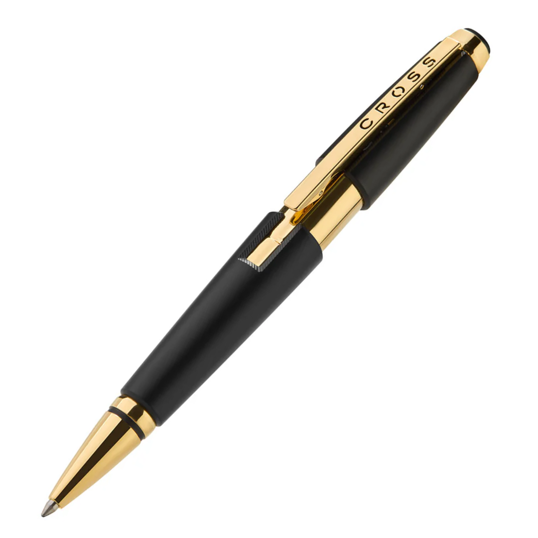 Cross Edge Black Gold Roller Pen (23kt Gold Plated)