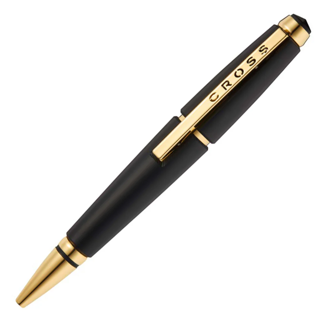 Cross Edge Black Gold Roller Pen (23kt Gold Plated)