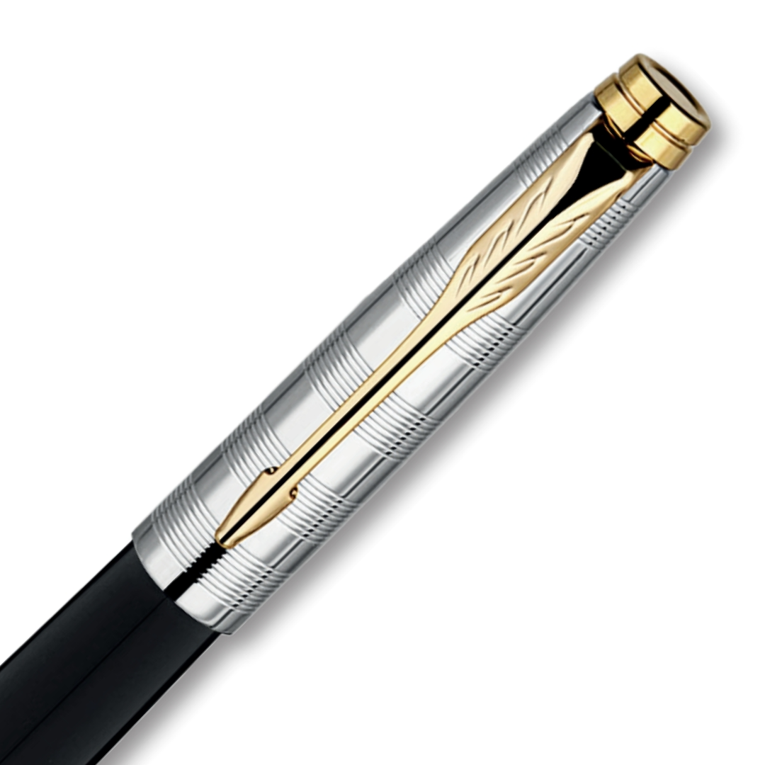 Parker Aster Deluxe Black & Chrome Gold Trim Roller Pen