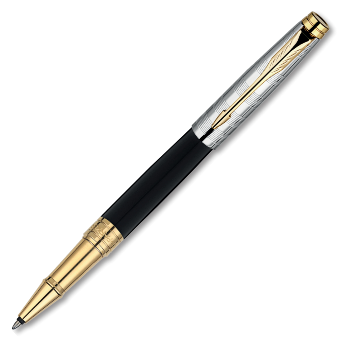 Parker Aster Deluxe Black & Chrome Gold Trim Roller Pen