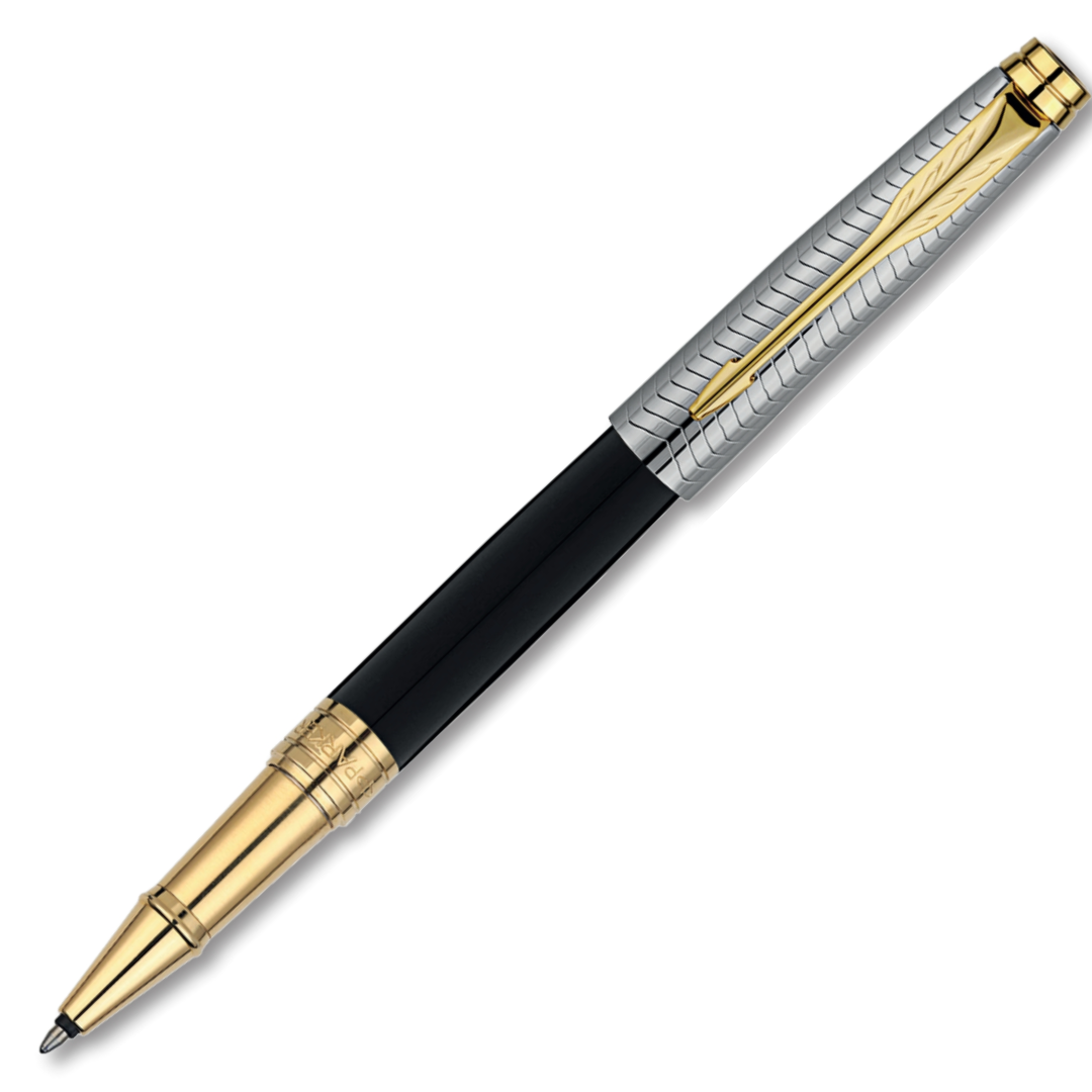 Parker Aster Contemporary Black & Chrome Gold Trim Roller Pen