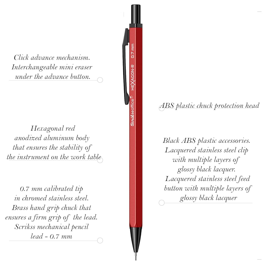 Scrikss Hexagon-R 0.7mm Mechanical Pencil in Red with all details