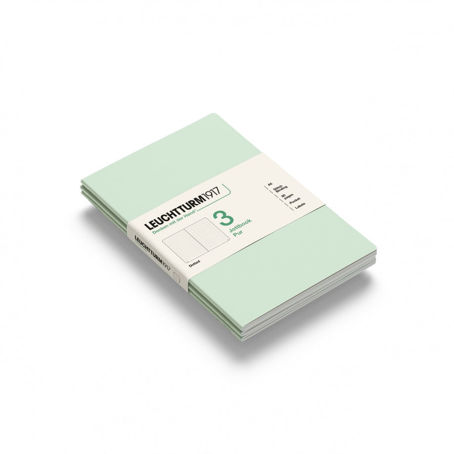 Jottbook pur (A5), 80 numbered pages, dotted, Mint Green, pack of 3
