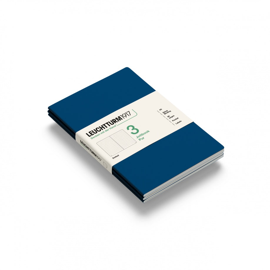 Jottbook pur (A5), 80 numbered pages, dotted, Indigo, pack of 3