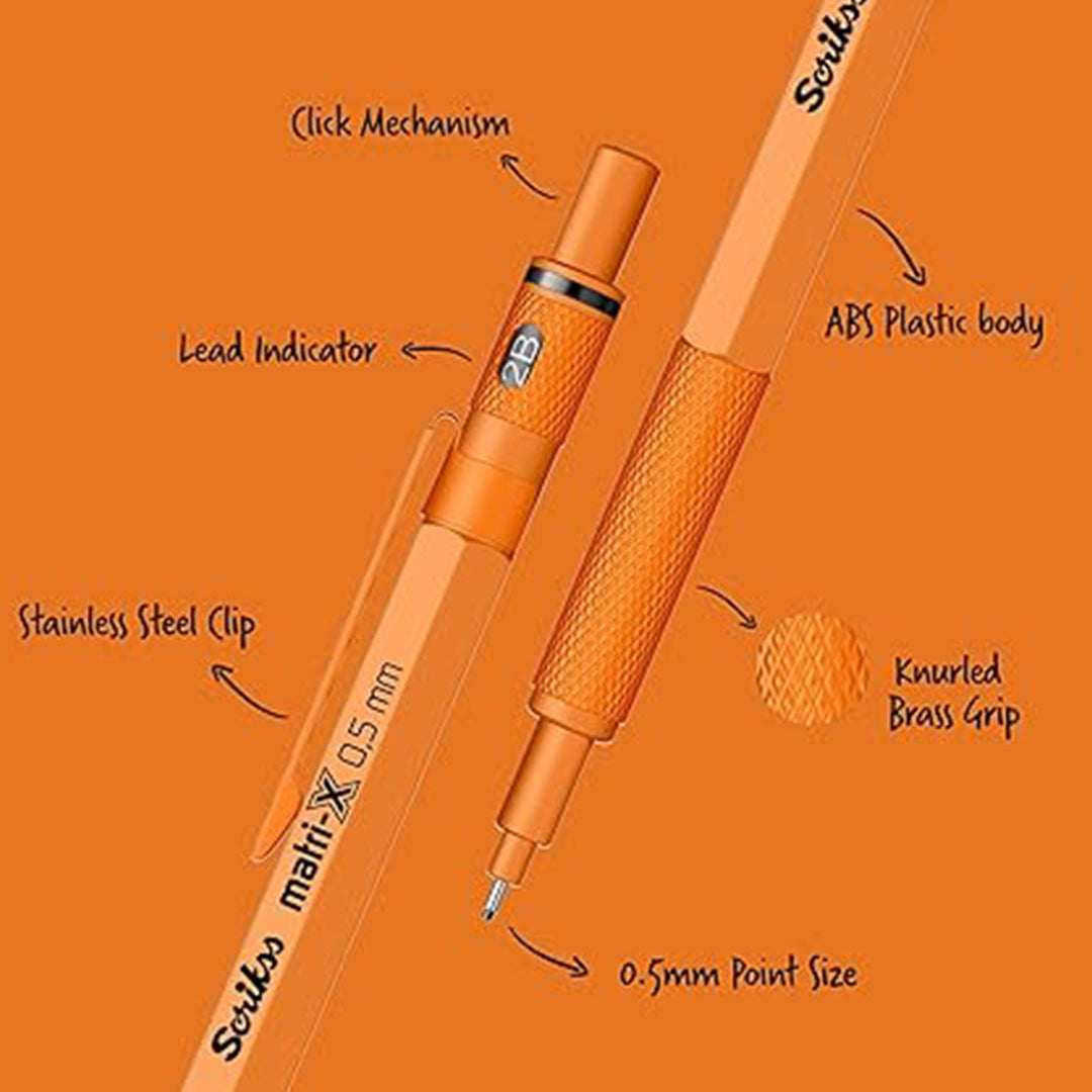 Scrikss Matri-X 0.5mm Orange Mechanical Pencil with labeled parts on an orange background