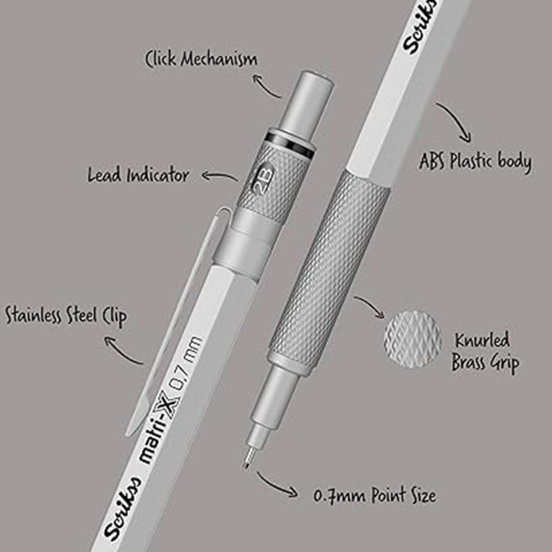 Scrikss Matri-X 0.7mm Mechanical Pencil in Light Grey with labeled parts on a grey background