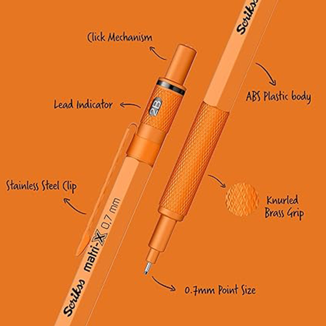 Scrikss Matri-X 0.7mm Orange Mechanical Pencil on a orange background