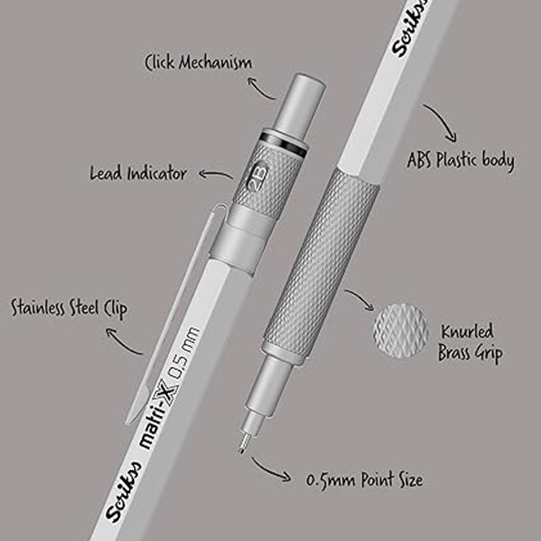 Scrikss Matri-X 0.5mm Light Grey Mechanical Pencil with labeled parts on a gray background