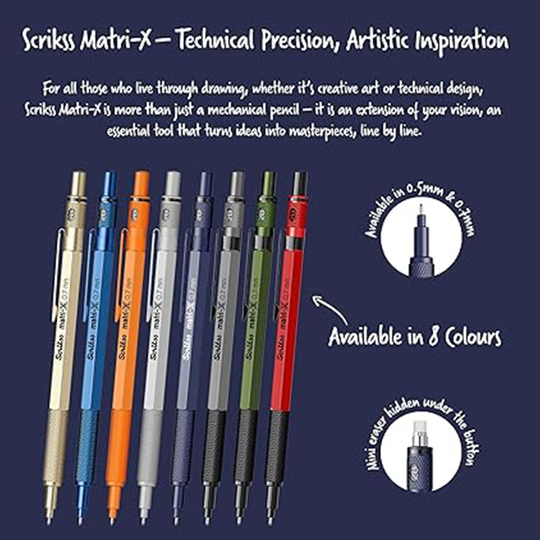 scrikss matri-x 0.7mm Mechanical pencils in various colors with product text on a dark background.
