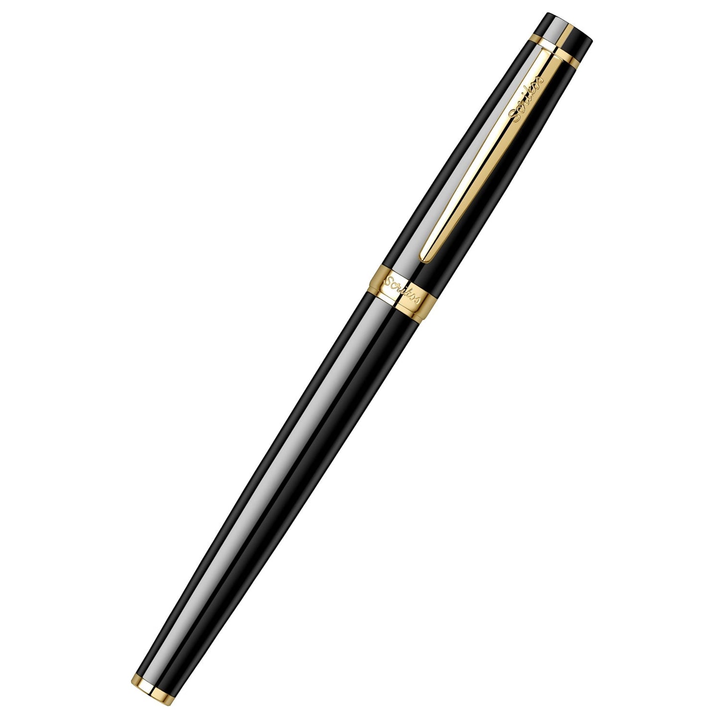 Scrikss Honour 38 Medium nib Fountain Pen in Glossy Black GT with gold accents on a white background