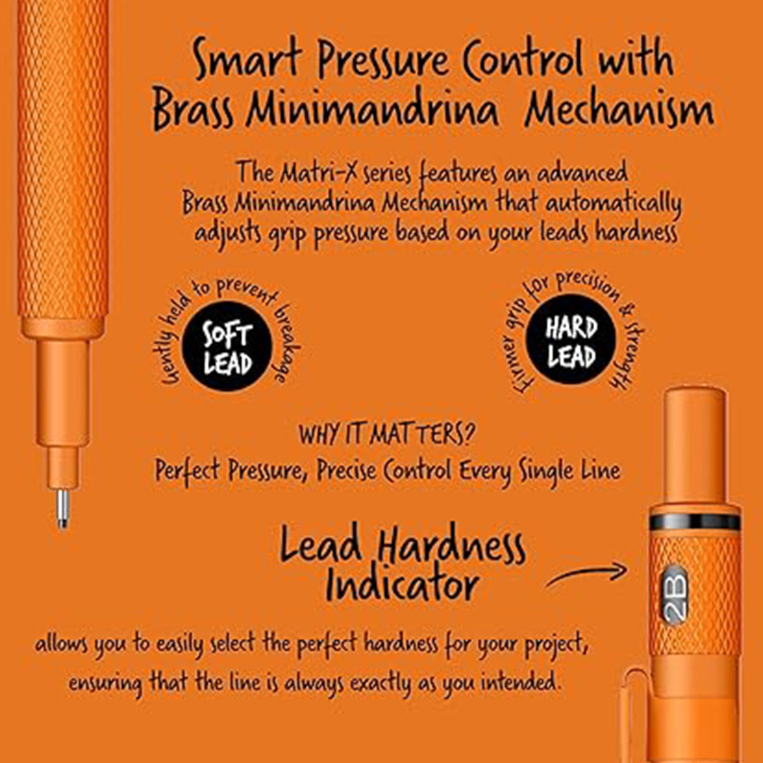 Scrikss Matri-X 0.7mm Mechanical Pencil in Orange background with text and pen illustration highlighting pressure control and lead hardness indicator.