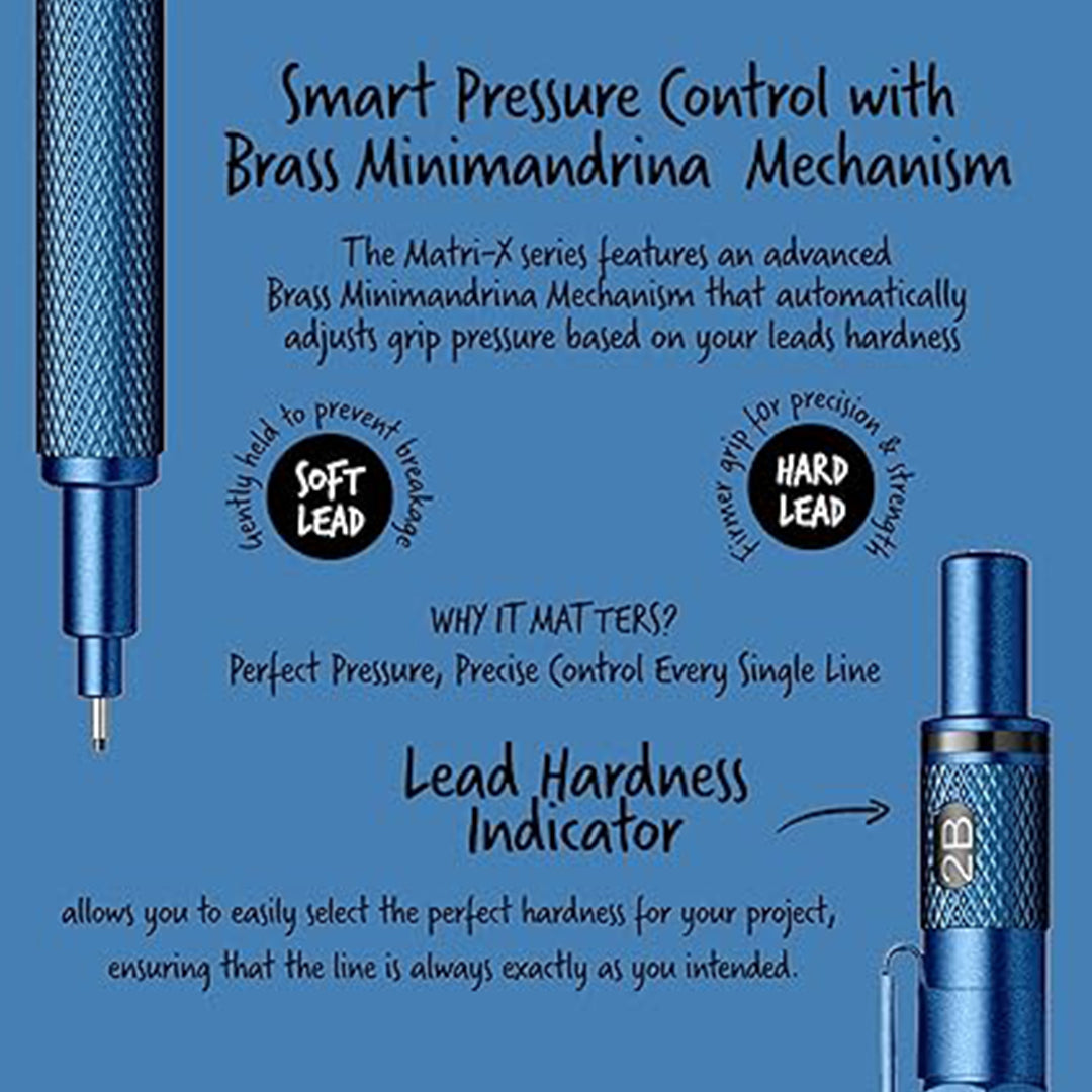 Scrikss Matri-X 0.7mm Blue Mechanical Pencil with text on a blue background explaining smart pressure control and lead hardness indicator.