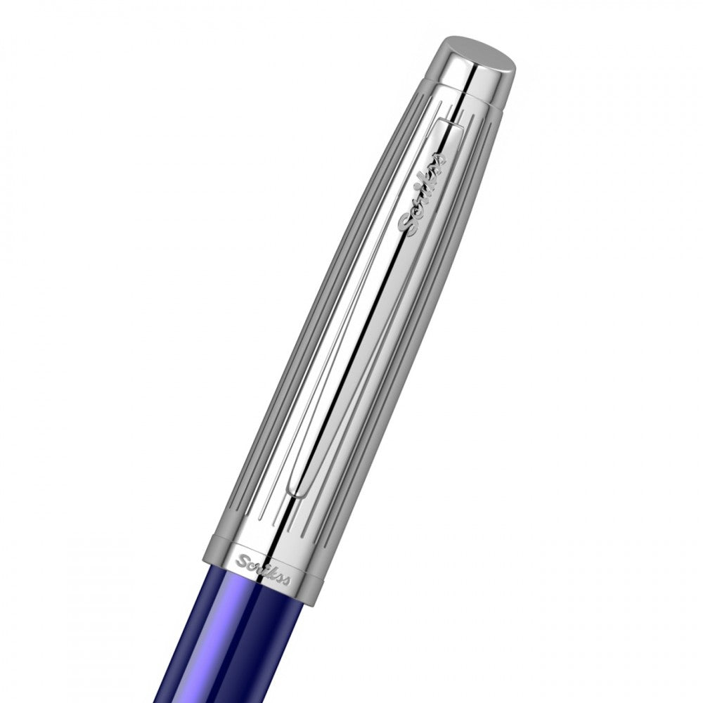 Scrikss Oscar 39 Rollerball Pen in Blue Chrome CT with a silver cap with scrikss logo on it on a white background