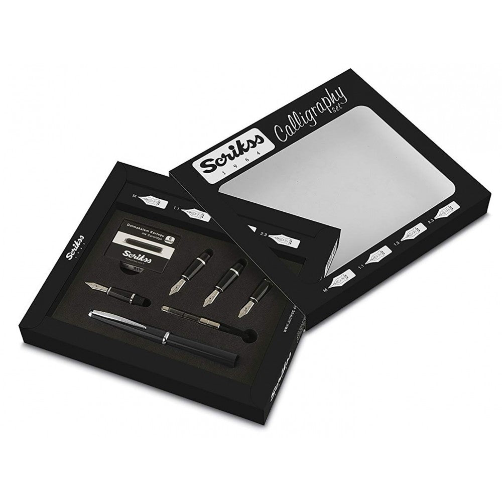 Scrikss Calligraphy Pen Set Black Medium nib, 1.1mm, 1.5mm, 2.3mm Nib in a black box