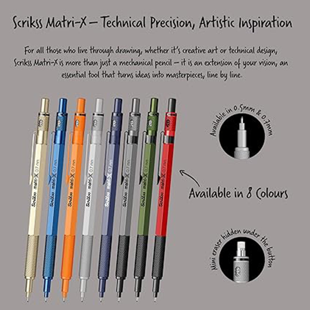 Scrikss Matri-X 0.7mm Mechanical pencils in various colors on a grey background with text.
