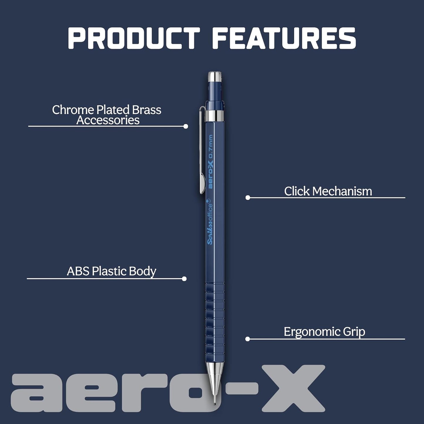 Scrikss Aero-X 0.7mm Mechanical Pencil in Dark Blue with labeled features on a dark blue background, featuring the brand ' Scrikss aero-X'.