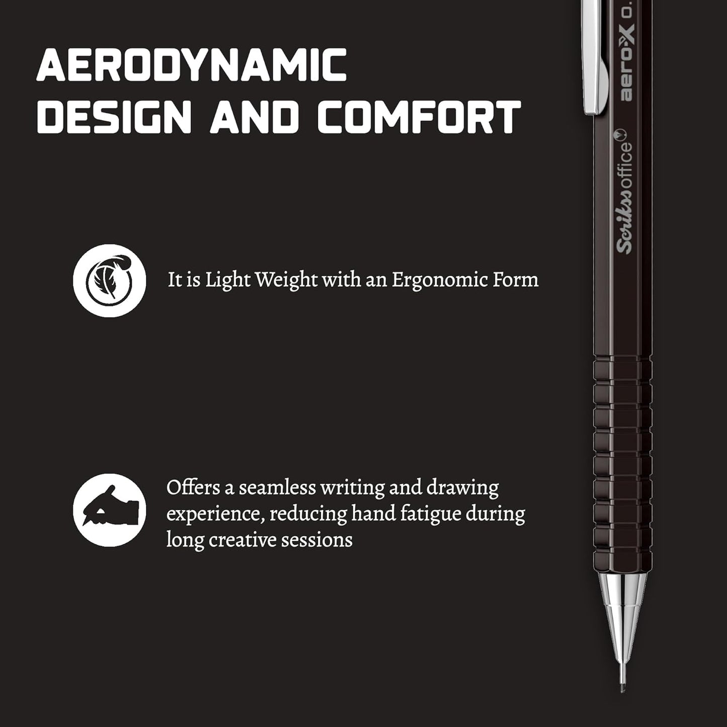 Scrikss Aero-X 0.7mm Mechanical Pencil in Black with text about aerodynamic design, comfort, and features on a black background