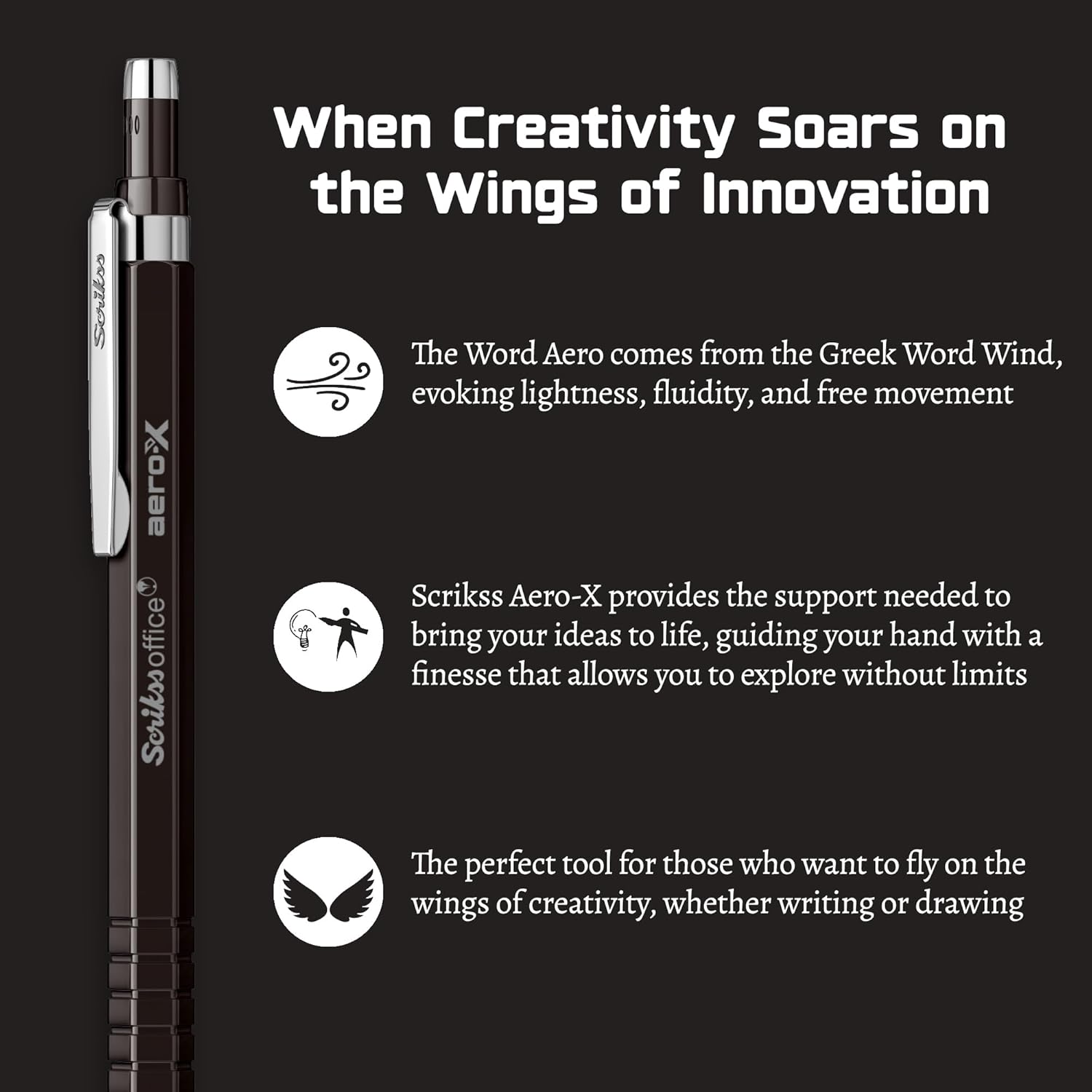 Scrikkss Aero-X mechanical pencil with promotional text on a black background