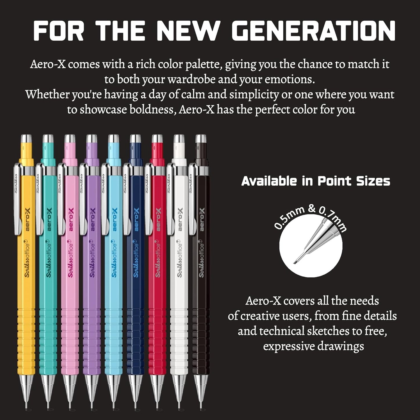 scrikss aero-x Set of colorful mechanical pencils with text on a black background