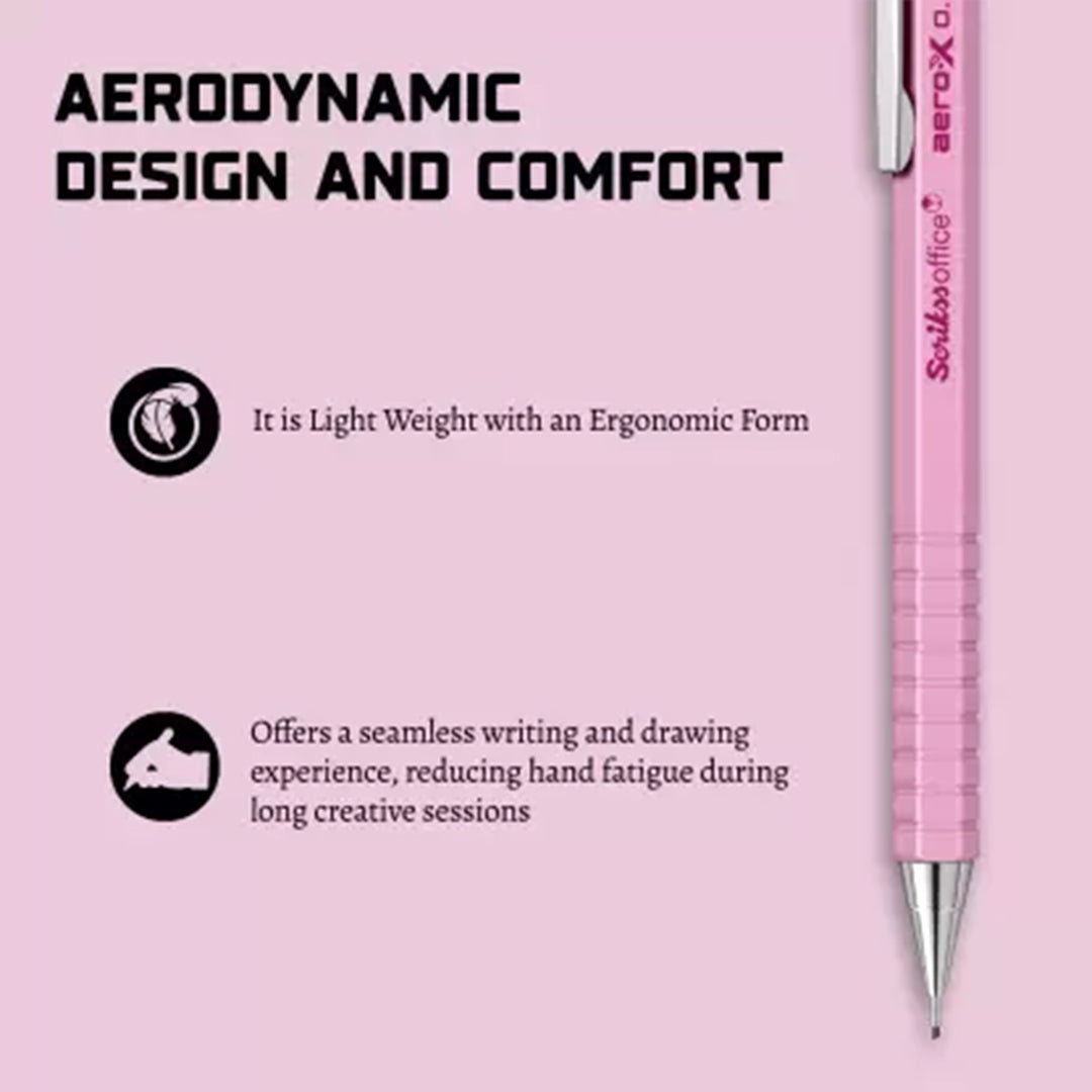 Scrikss Aero-X 0.7mm Mechanical Pencil in Pink with details on a pink background
