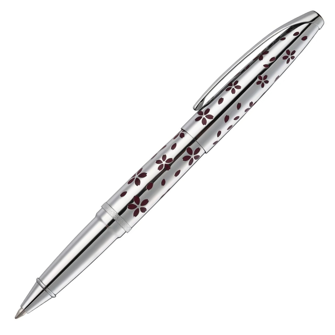 Cross Cherry Blossom Chrome Roller Pen with Stunning Red Enamel-Inlaid Cherry Blossom Artwork