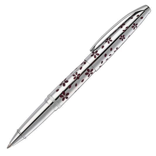 Cross Cherry Blossom Chrome Roller Pen with Stunning Red Enamel-Inlaid Cherry Blossom Artwork