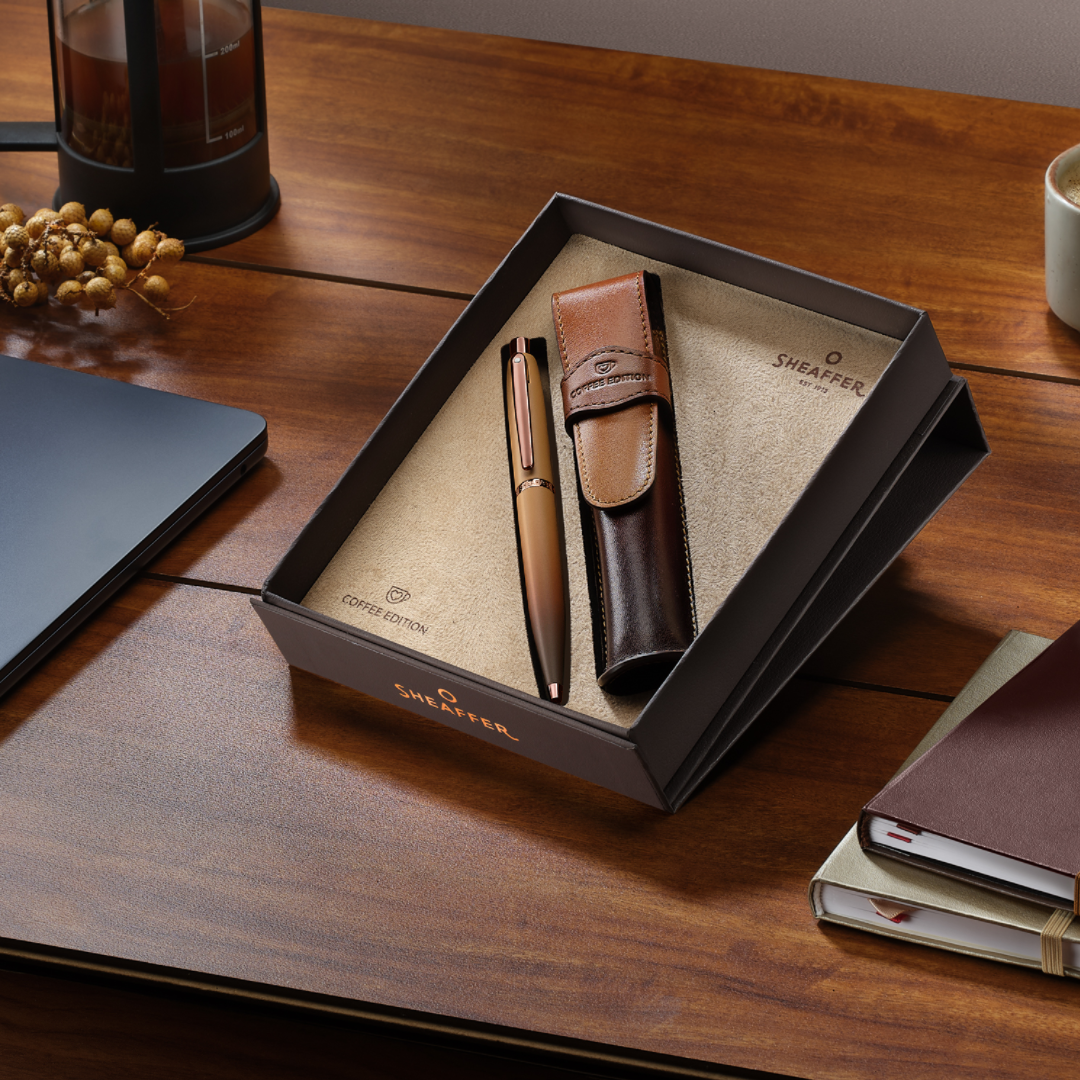 Sheaffer VFM Coffee Edition Ball Pen with Leather Single Pen Pouch Set
