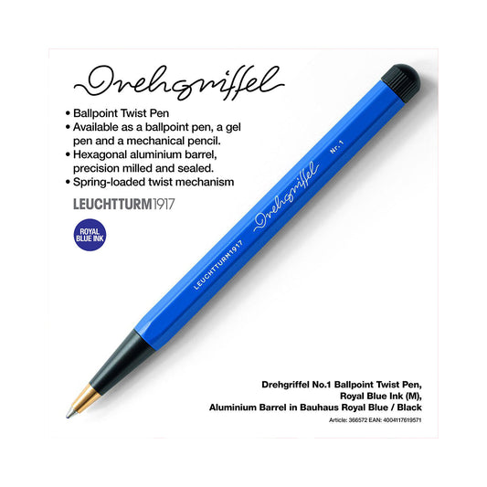 LEUCHTTURM1917 Ball Point Pen with Royal Blue Ink | Bauhaus Edition | Drehgriffel No. 1 | Royal Blue/Black | Twist Mechanism