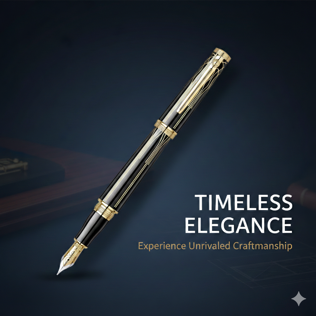 Scrikss Heritage Medium Nib Fountain Pen in Glossy Black GT on a dark background, featuring the text 'Timeless Elegance' and 'Experience Unrivaled Craftsmanship'.