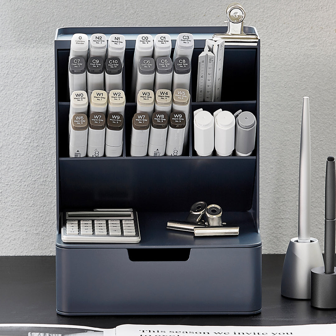Sysmax | Hive Desk Organizer with 6 Compartments |1 Drawer| Prussian Blue| For Office & Home