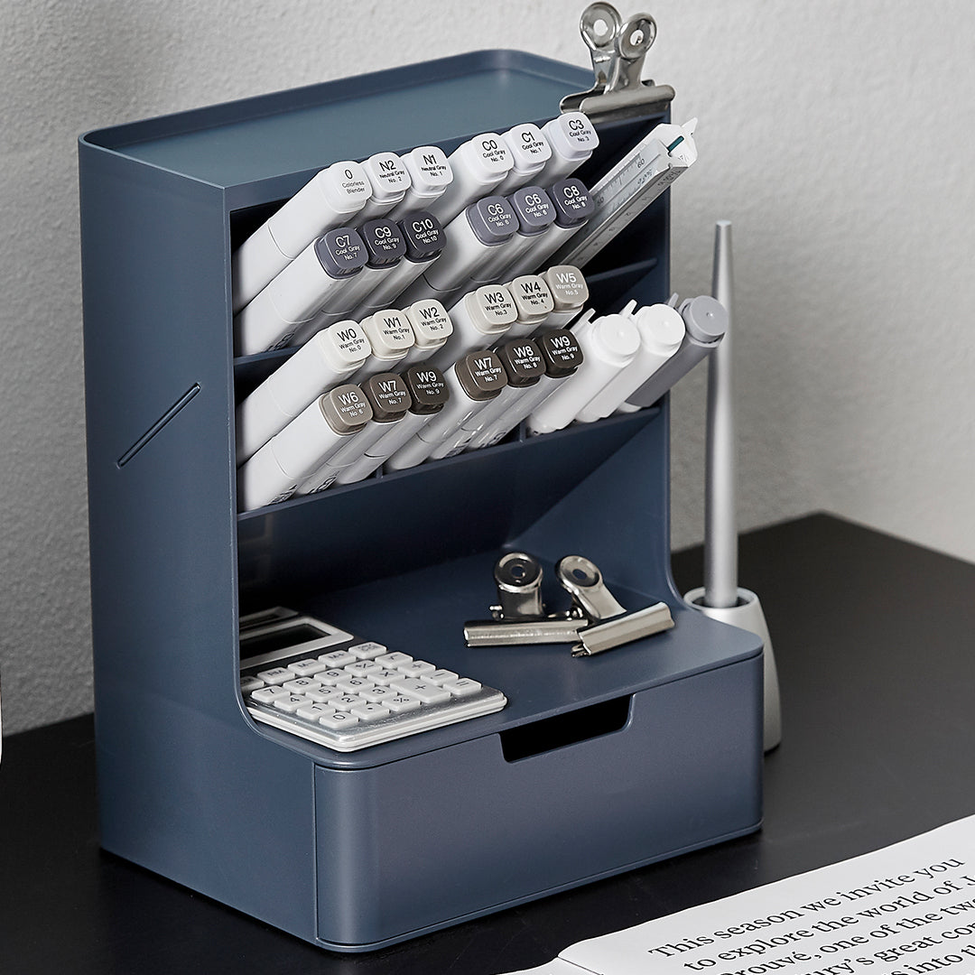 Sysmax | Hive Desk Organizer with 6 Compartments |1 Drawer| White| For Office & Home