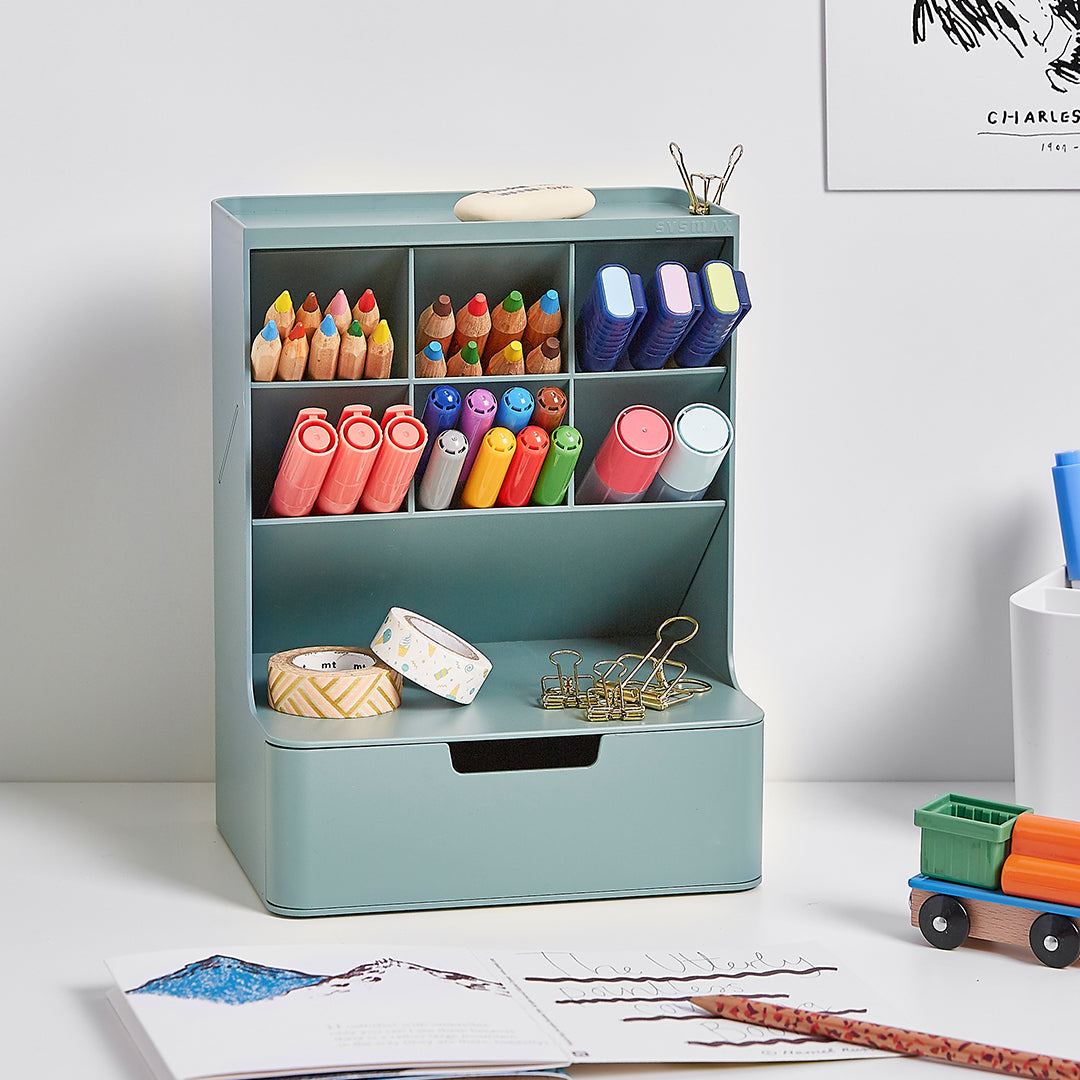 Sysmax | Hive Desk Organizer with 6 Compartments |1 Drawer| Prussian Blue| For Office & Home