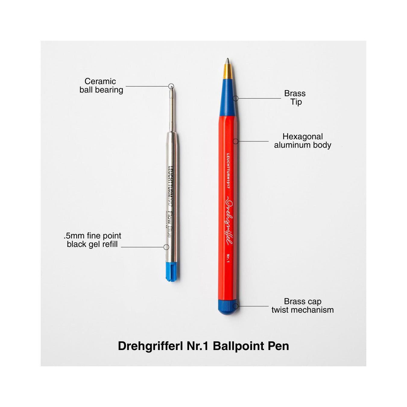 LEUCHTTURM1917 Ball Point Pen with Royal Blue Ink | Bauhaus Edition | Drehgriffel No. 1 | Red/Royal Blue | Twist Mechanism