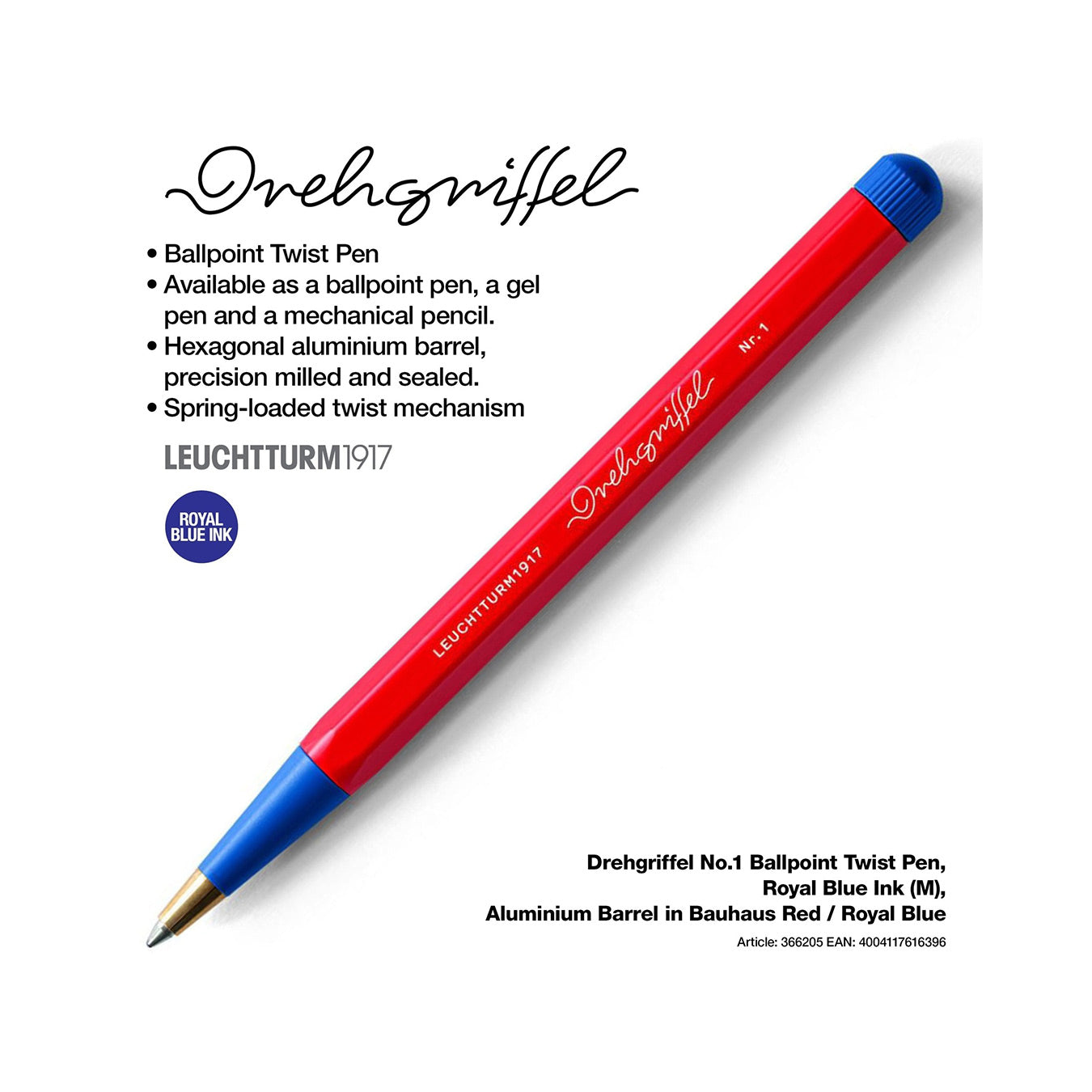 LEUCHTTURM1917 Ball Point Pen with Royal Blue Ink | Bauhaus Edition | Drehgriffel No. 1 | Red/Royal Blue | Twist Mechanism