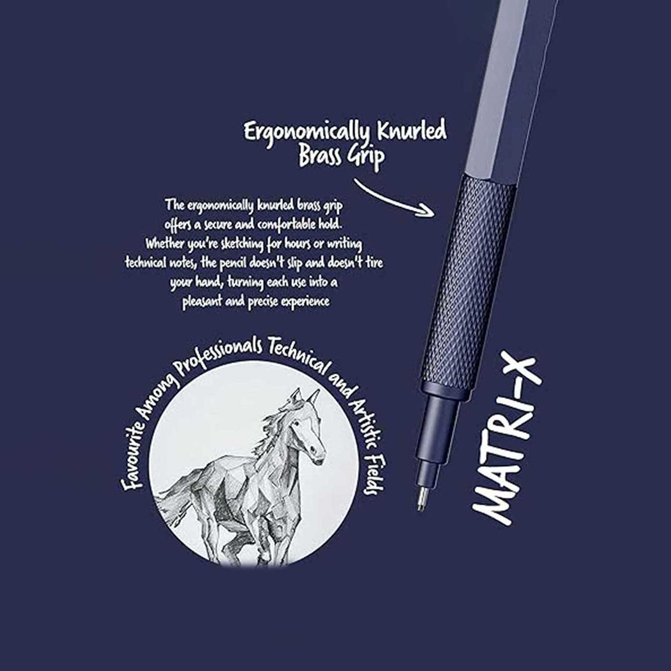Technical drawing of a horse with a pen labeled 'Matri-X' on a dark blue background.