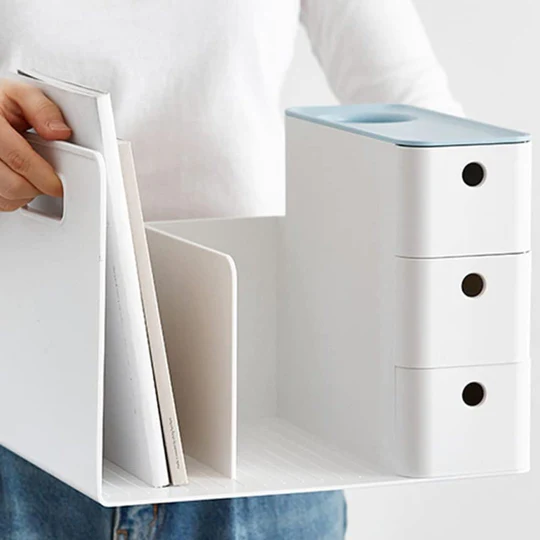 Litem Combo Book Rack with 3 Drawers 2 Bookshelf 1 Pen Stand - White