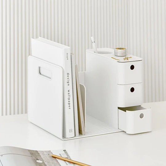 Litem Combo Book Rack with 3 Drawers 2 Bookshelf 1 Pen Stand - White