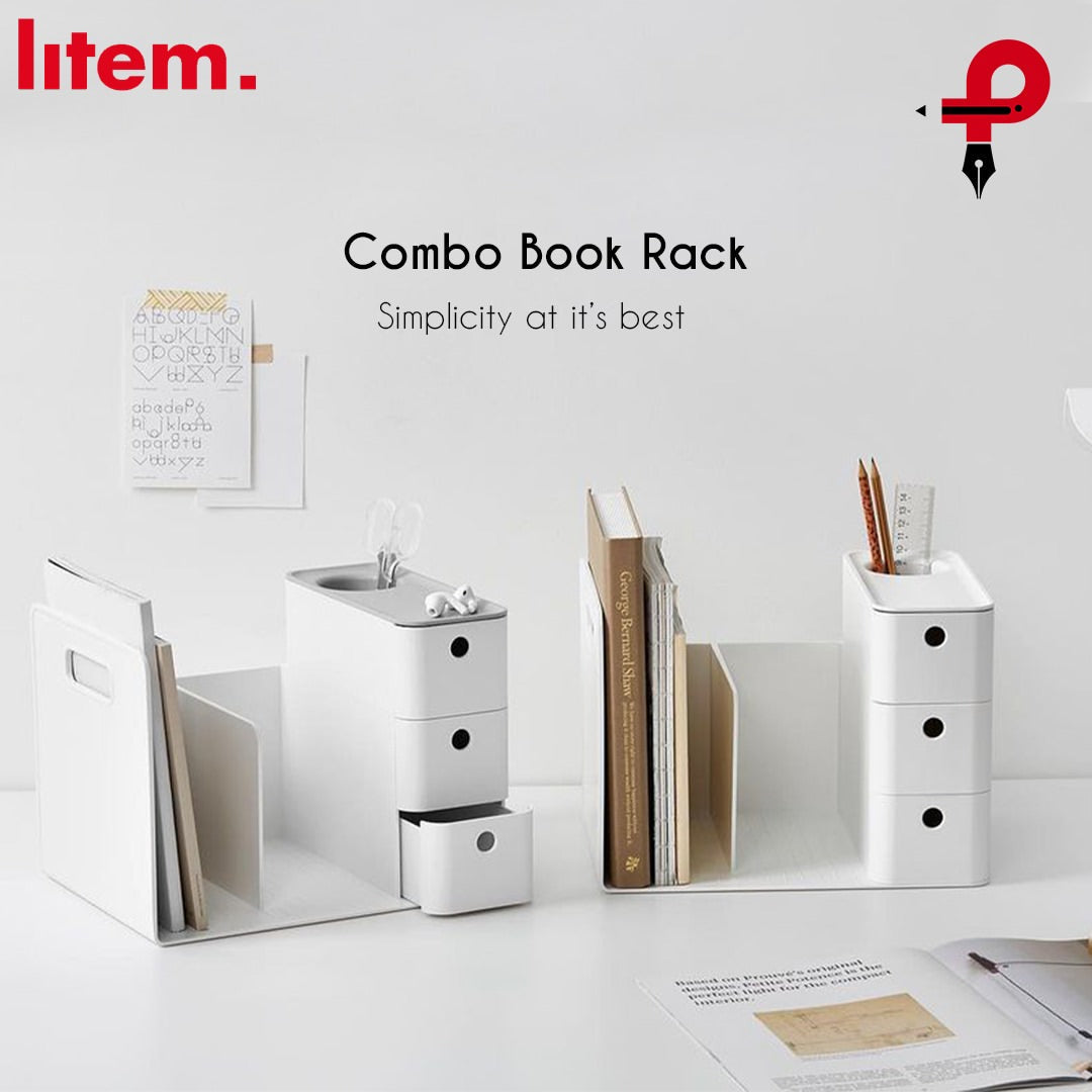Litem Combo Book Rack with 3 Drawers 2 Bookshelf 1 Pen Stand - Cool Grey