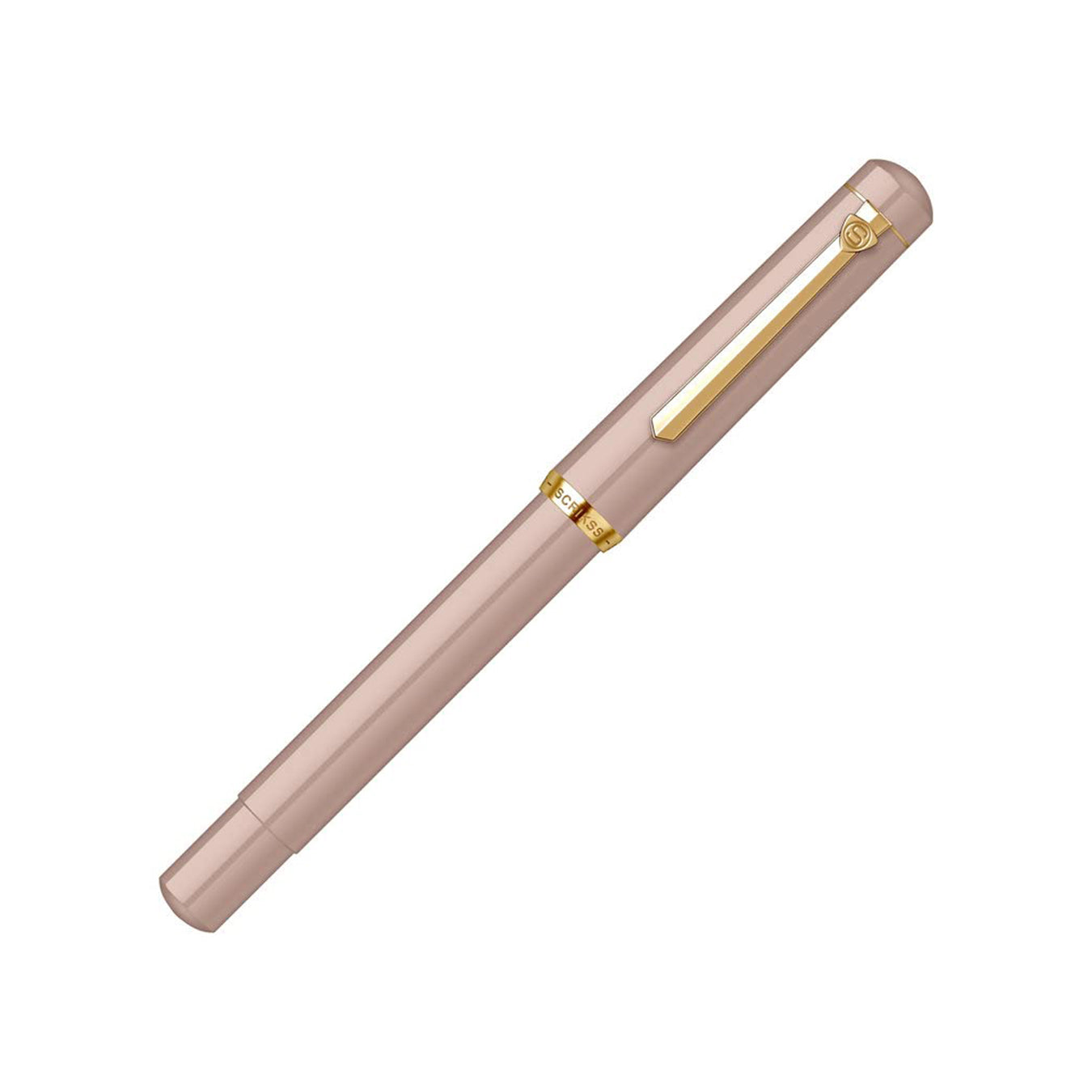 Scrikss 419 Medium Nib Powder GT fountain pen with gold accents on a white background