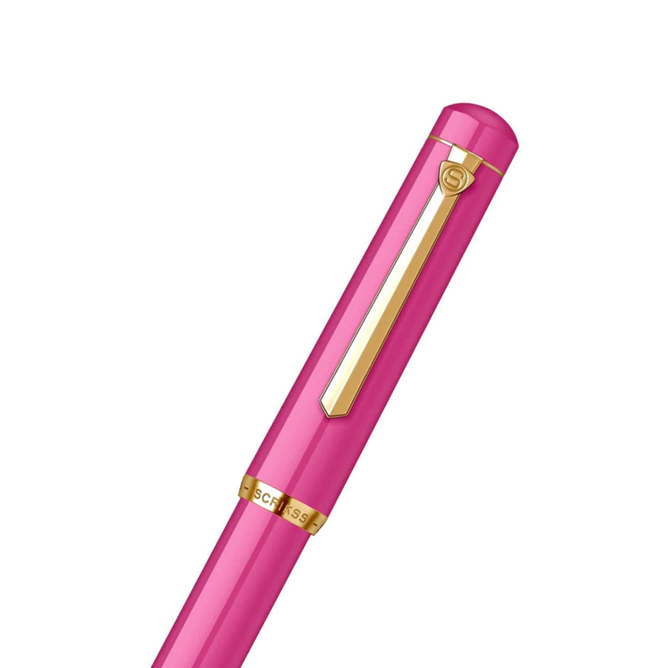 scrikss 419 medium nib Pink fountain pen with gold accents on a white background
