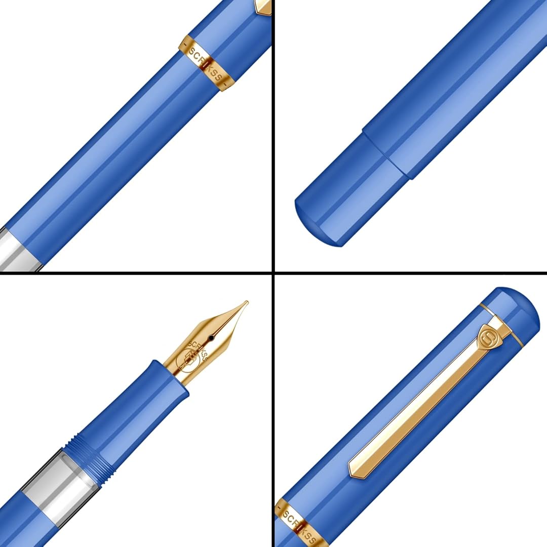 Scrikss 419 Fountain Pen – Medium Nib Piston Filler (23K Gold-Plated, Blue Acrylic) from all angles