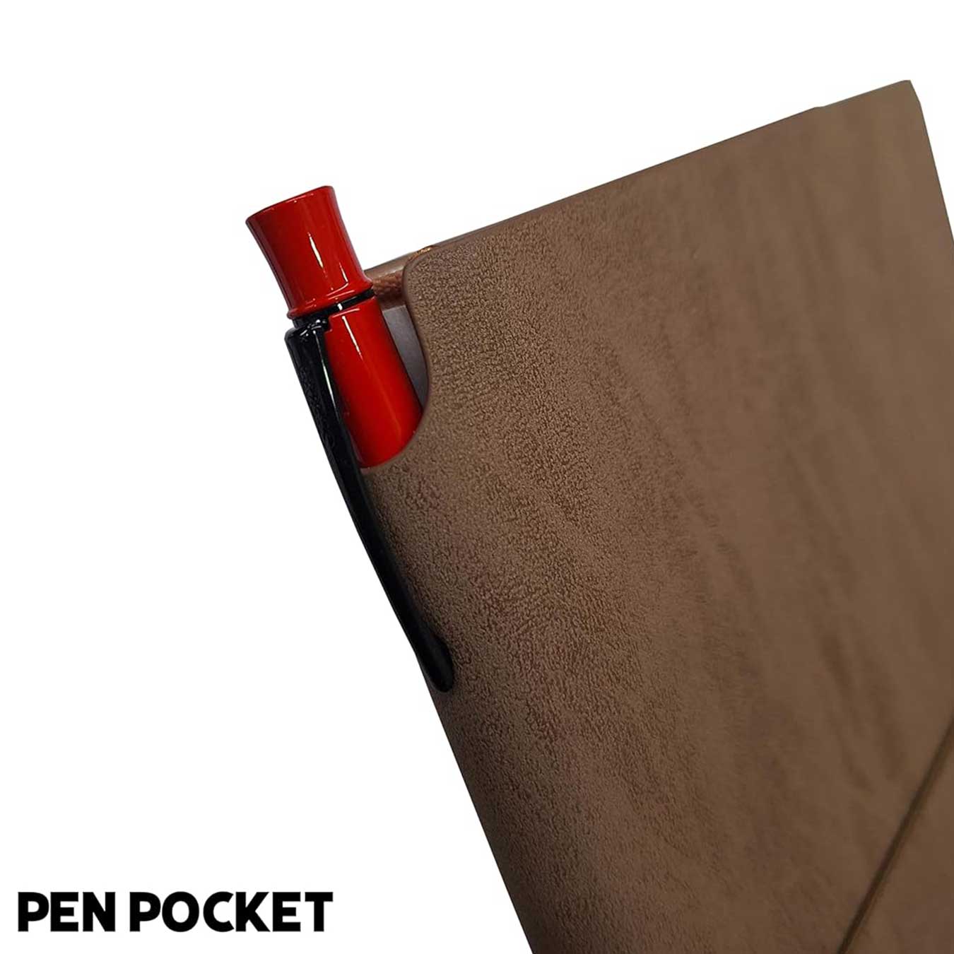 Scrikss A5 Premium Ruled Notebook - Mink Faux Leather Cover with a red pen in a pocket