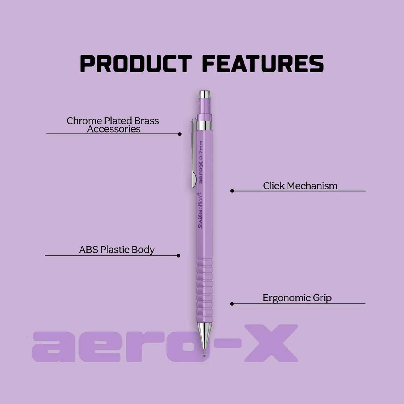 Scrikss Aero-X 0.7mm Purple Mechanical Pencil with labeled features on a purple background, featuring the brand 'Scrikss aero-X'.
