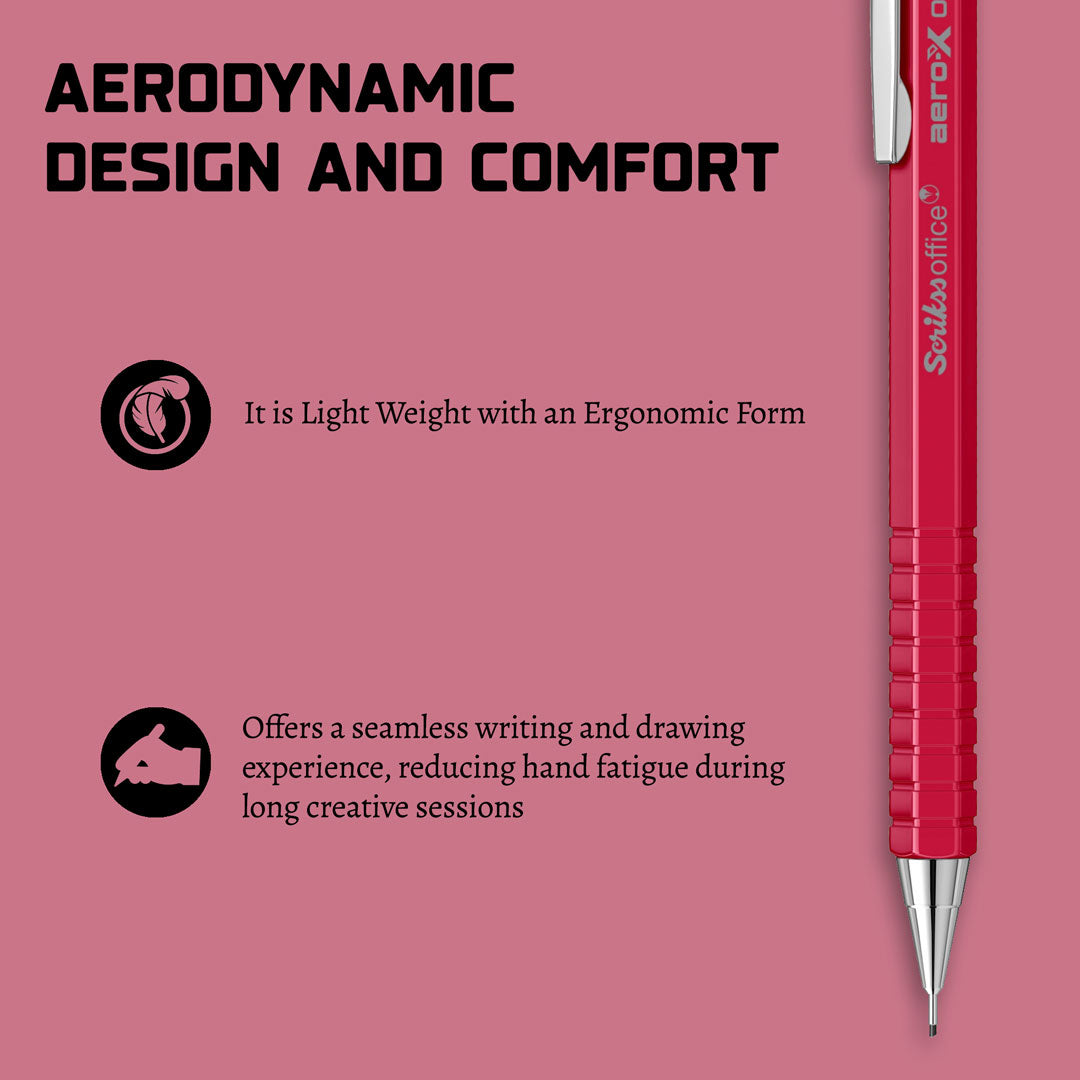 Scrikss Aero-X 0.7mm Mechanical Pencil in Red with details on a pink background