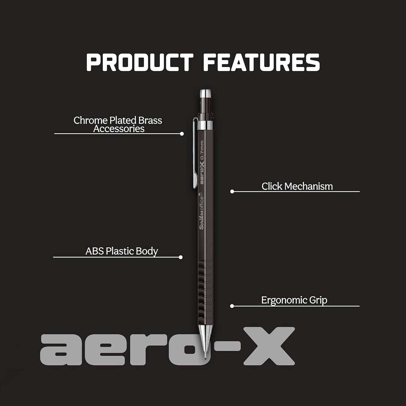 Scrikss Aero-X 0.7mm Mechanical Pencil in Black with labeled features on a black background, featuring the brand 'Scrikss aero-X'.