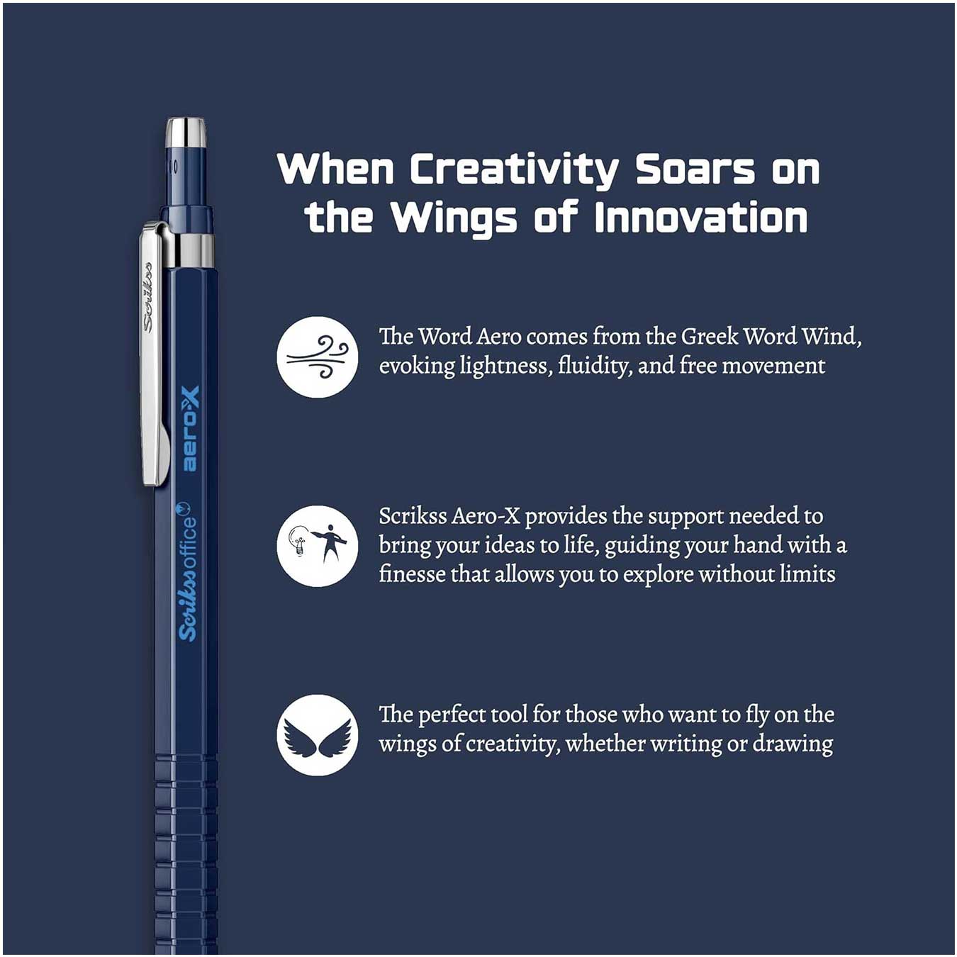 Scrikks Aero-X pen on a dark blue background with product features and branding.
