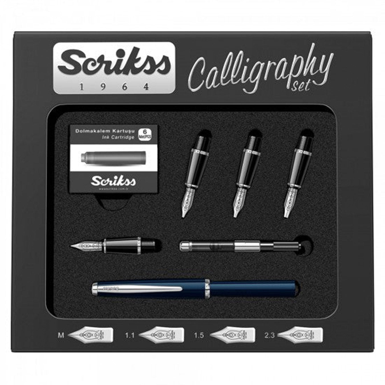 Scrikss calligraphy set with blue pen and nibs in a black box