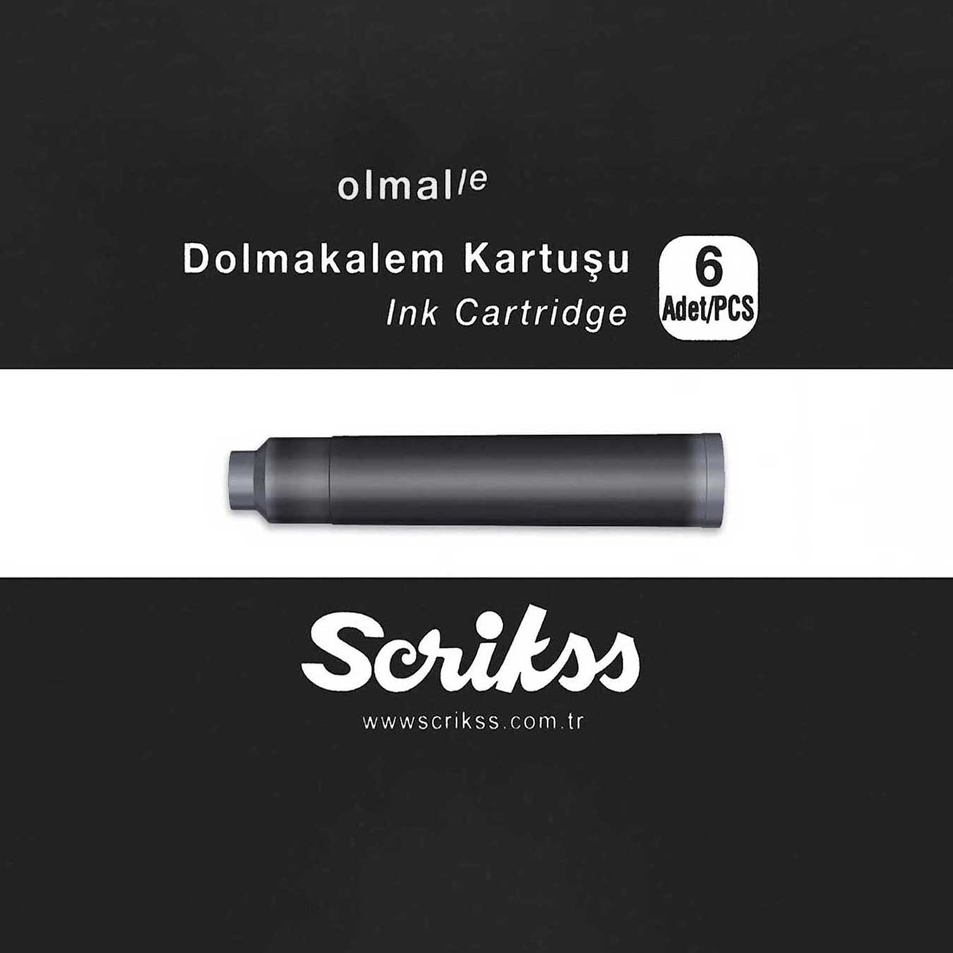 Ink cartridge with 'Scrikss' branding on a black and white background